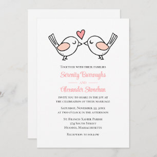 Invitation Inséparables Whimsical Rose Blanc Lovebirds Mariag