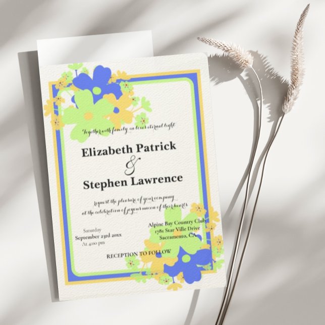 Invitation Inside Out Inspo jaune bleu vert élégant mariage (Elegant floral blue yellow green wedding invite)