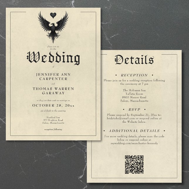 Invitation Insigne d'oiseau vintage héraldique Mariage à deux (Vintage Heraldry Bird Insignia Two Sided Wedding Invitation)