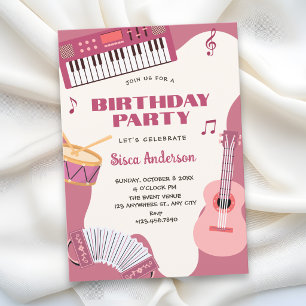 Invitation Instruments de musique roses anniversaire
