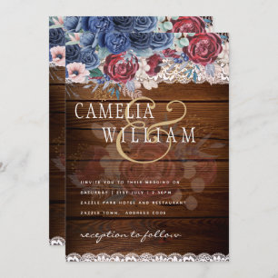 Invitation Intemporel Rustique Bleu Bourgogne Floral Mariage 