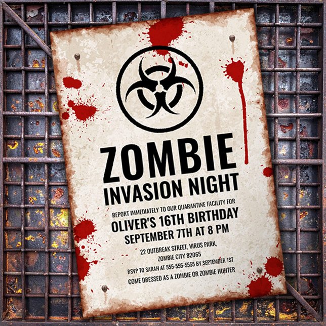 Invitation Invasion de zombies avec taches de sang et panneau (Créateur téléchargé)