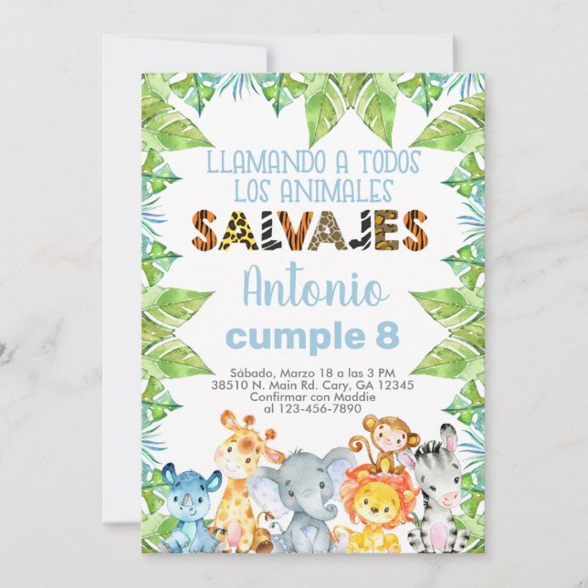 Invitation Invitación animaux safari, niño, garçon, jungle. (Devant)