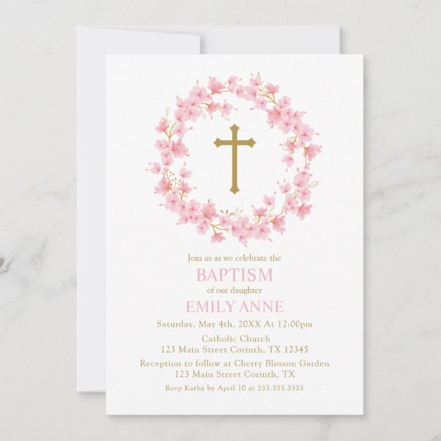 Invitation Invitación Baptism Cherry Blossom floral I (Devant)