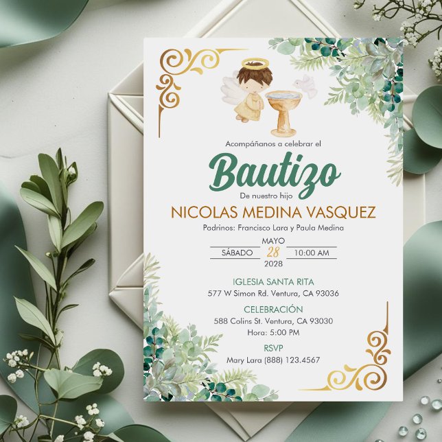 Invitation Invitacion Bautizo en espagnol Baptême Feuilles ve (Créateur téléchargé)