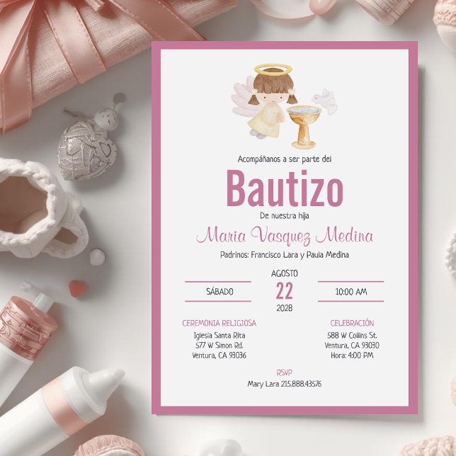 Invitation Invitacion Bautizo en espagnol Baptême fille bébé (Créateur téléchargé)