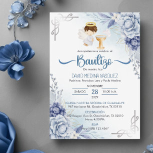 Invitation Invitacion Bautizo Fleurs BLEUES BOY Angel Baptême