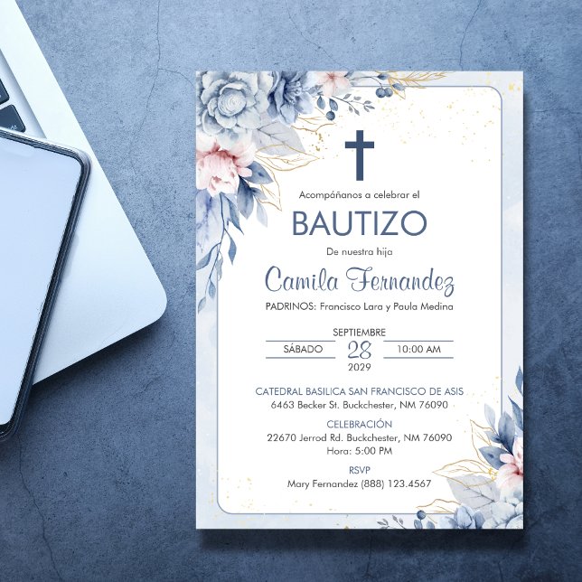 Invitation Invitacion Bautizo Fleurs Bleues Religieuses Baptê (Créateur téléchargé)