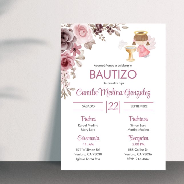 Invitation Invitacion Bautizo Fleurs mignonnes Fille Angel Ba (Créateur téléchargé)