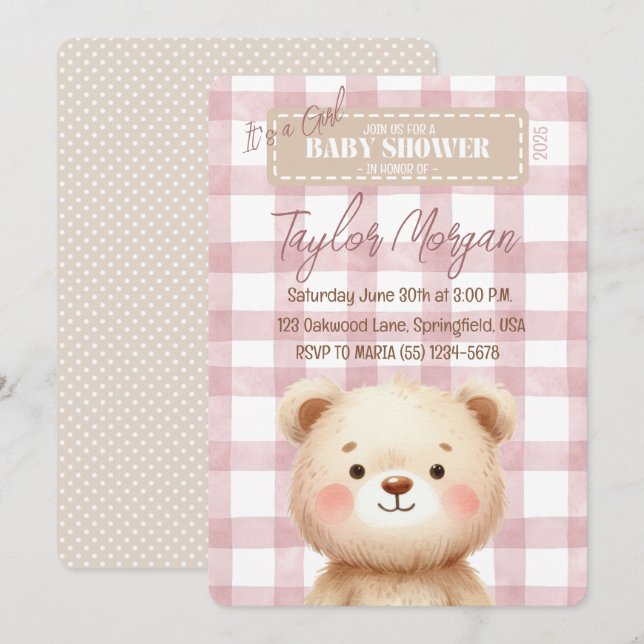 Invitation Invitación Blue Gingham Teddy Bear (Devant / Derrière)