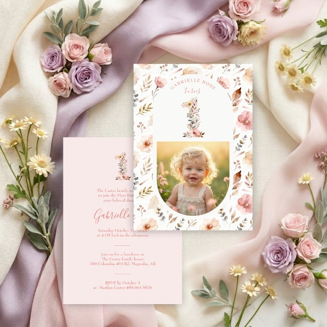 Invitation Invitación Boho Floral Number 1 Pink First Birthda (Boho Floral Number 1 Pink First Birthday Invitation with Romantic Watercolor Effect Wildflowers.)