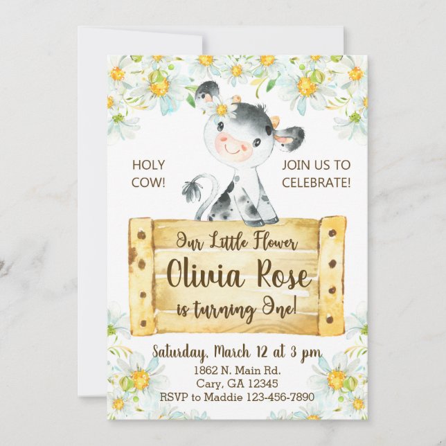 Invitation Invitación Cow and daisies girl 1st first birthday (Devant)