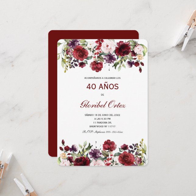Invitation Invitación de 40 Años Mujer (Devant/Arrière en situation)