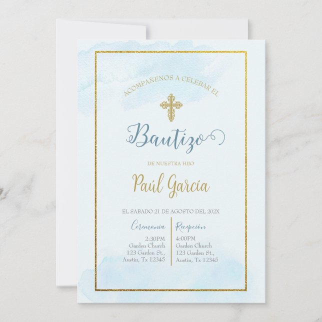 Invitation Invitación de bautismo color azul en español (Devant)