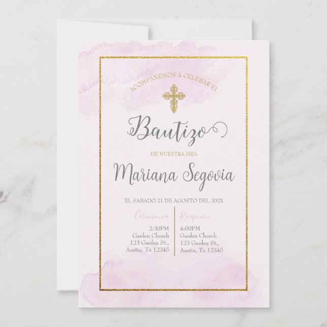 Invitation Invitación de bautismo color rosa en español (Devant)