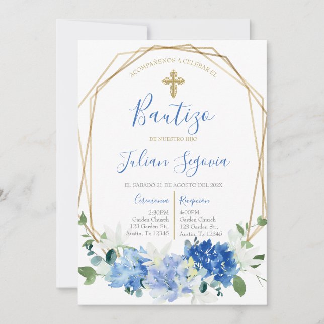Invitation Invitación de bautismo floral azul en español (Devant)