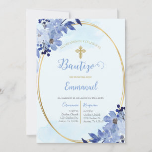 Invitation Invitación de bautismo floral azul en español