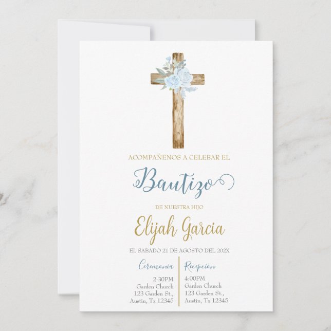 Invitation Invitación de bautismo floral azul en español invi (Devant)