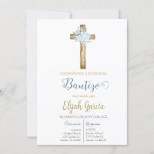 Invitation Invitación de bautismo floral azul en español invi