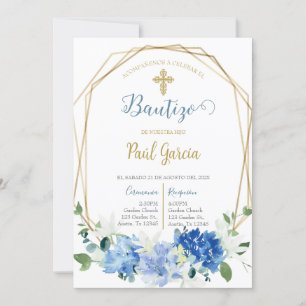 Invitation Invitación de bautismo floral azul en español invi