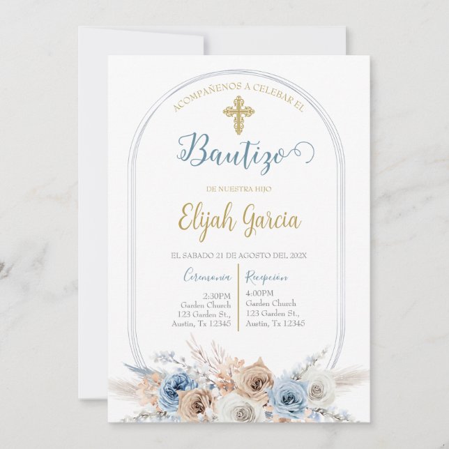 Invitation Invitación de bautismo floral azul en español invi (Devant)
