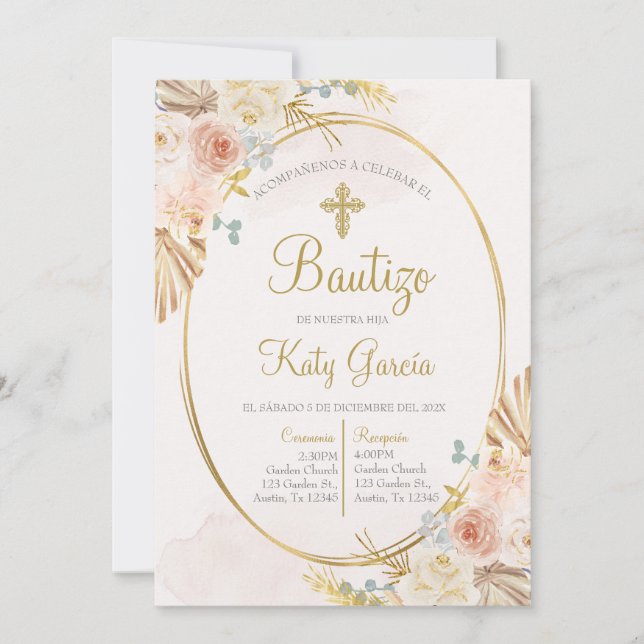 Invitation Invitación de bautismo floral boho en español (Devant)
