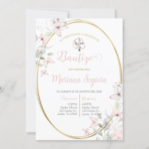 Invitation Invitación de bautismo floral rosa en español invi