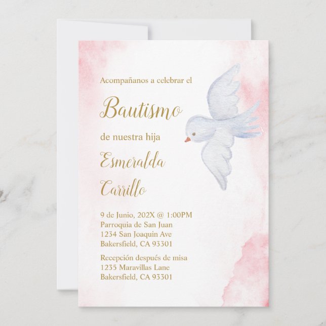 Invitation Invitación de bautismo para niña con paloma blanca (Devant)