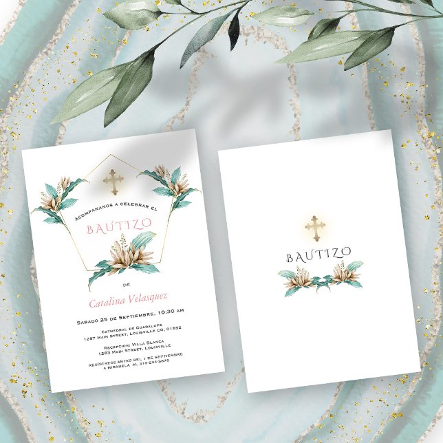 Invitation Invitacion De Bautizo Con Flores Gold Ivory Lily (Bautizo Baptism instant download invitation.)