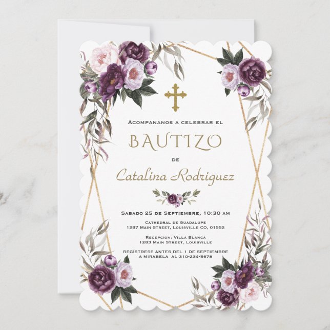 Invitation Invitacion De Bautizo Fleurs violettes Gold Girl (Devant)