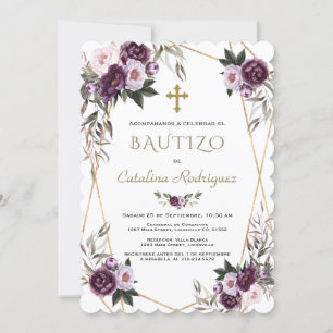Invitation Invitacion De Bautizo Fleurs violettes Gold Girl