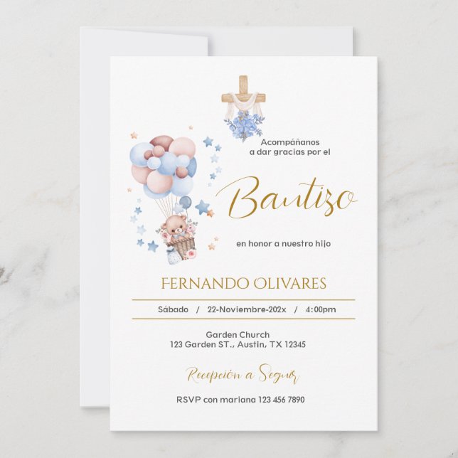 Invitation Invitación de Bautizo para niño oso y globos (Devant)