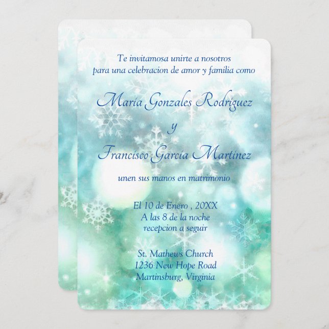 Invitation Invitacion de Boda Acuarela de Copo de Nieve (Devant / Derrière)