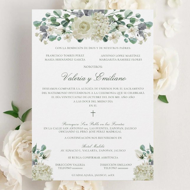 Invitation Invitación de Boda Catolica Mariage officiel (Elegant, white flower Catholic wedding invitation in Spanish, done in traditional style)
