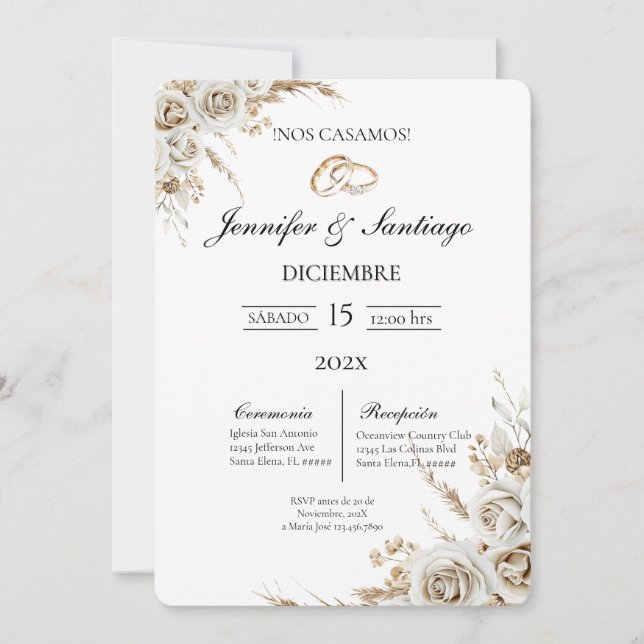 Invitation Invitación de boda con ramo y anillo (Devant)