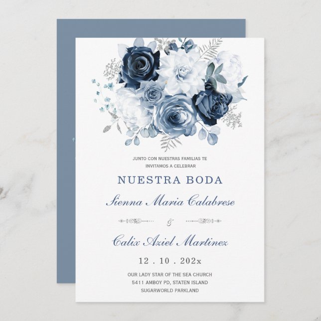 Invitation Invitación De Boda Elegante Con Rosas Azules (Devant / Derrière)