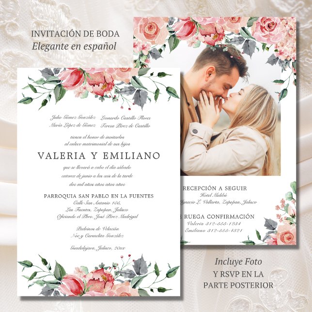 Invitation Invitación de Boda Elegante Mariage espagnol (Elegante invitación de boda en español con foto y RSVP)