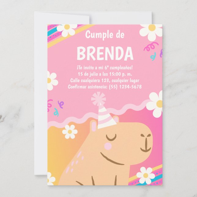 Invitation Invitación de Cumpleaños Capibara de Niña Rosa (Devant)
