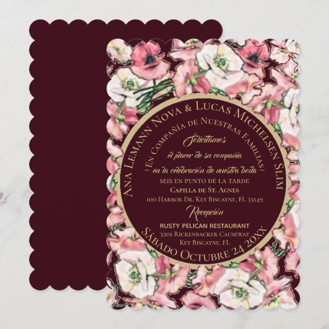 Invitation Invitación de Matrimonio Floral Rosa-Rubor Borgoña (Devant / Derrière)