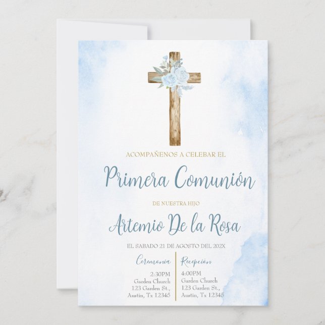 Invitation Invitación de primera comunión floral azul (Devant)