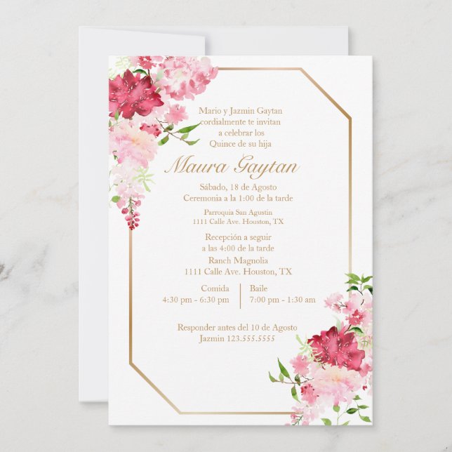 Invitation Invitación de quinceañera con marco rosa (Devant)