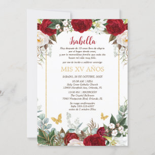 Invitation Invitación de Quinceañera en Español Flores Rojas
