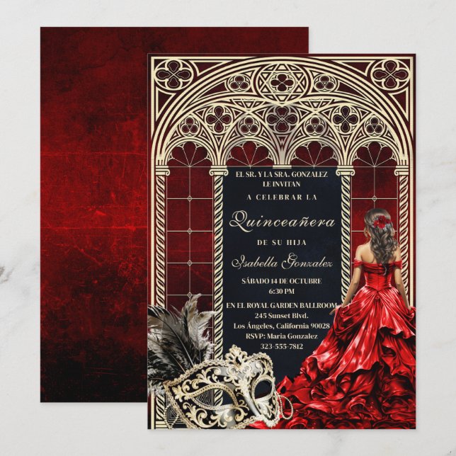 Invitation Invitación de Quinceañera Gótica de Mascarada (Devant / Derrière)