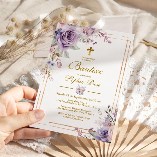 Invitation Invitación de Rosas Moradas para Bautizo (Créateur téléchargé)