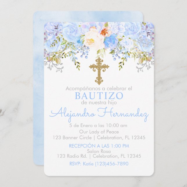Invitation Invitación de Rosas para Bautizo de niño (Devant / Derrière)