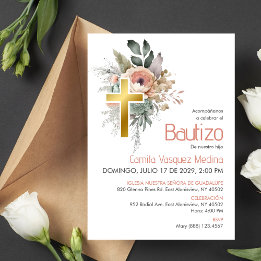 Invitation Invitacion Élégant Bautizo Cute Boho Cross Baptism