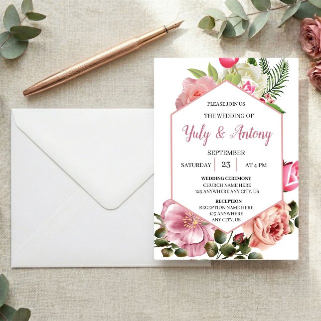 Invitation Invitación elegante de boda floral rosa con blanco (Elegant Pink Floral & Hexagon Wedding Invitation. Modern, romantic and fully customizable.)