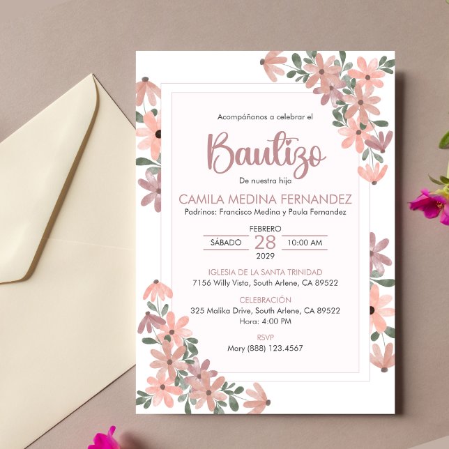 Invitation Invitacion espagnol Bautizo Boho Fleurs Baptême (Créateur téléchargé)