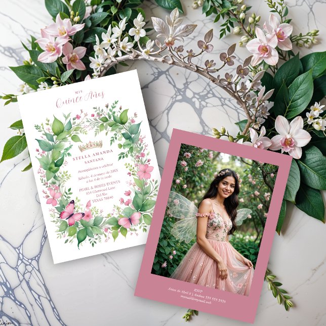Invitation Invitación Exquisite Spring Tiara Pink & Green Flo (Exquisite Spring Tiara Pink & Green Floral Spanish Quinceañera Photo Invitations Cards. )