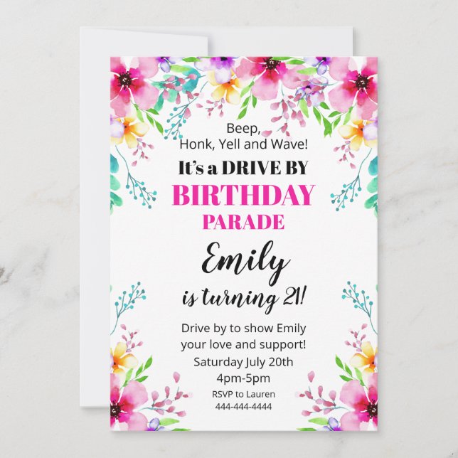 Invitation Invitación Floral Birthday Drive By Parade Invitat (Devant)